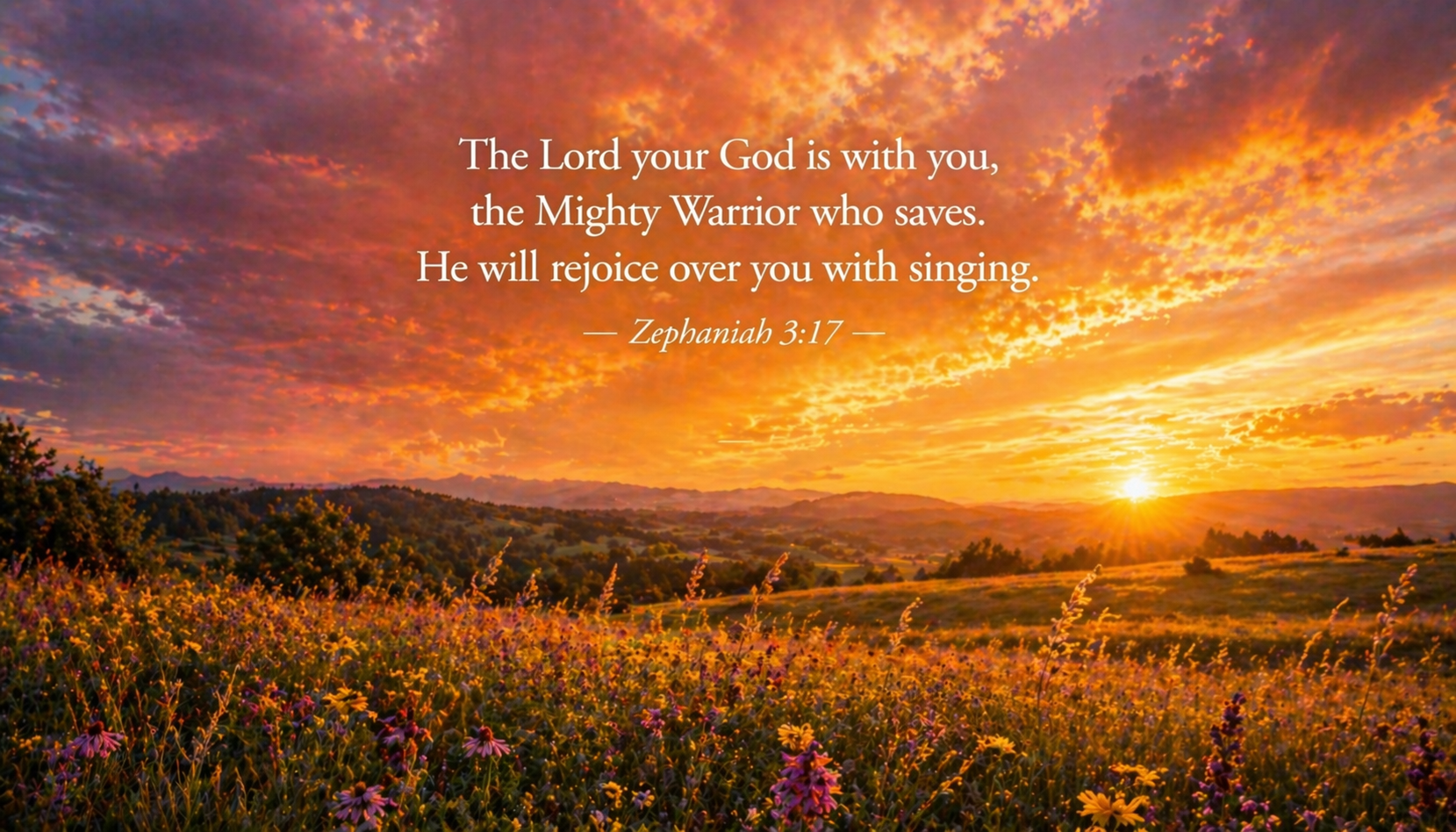 Golden wildflower meadow at sunset with blazing orange gold pink sky warm breeze -- Zephaniah 3:17 mighty warrior singing wallpaper